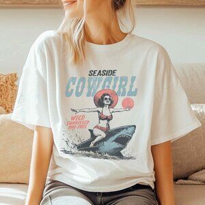 Coastal Cowgirl Graphic Tee Trendy Vintage Western T-Shirt with Shark
